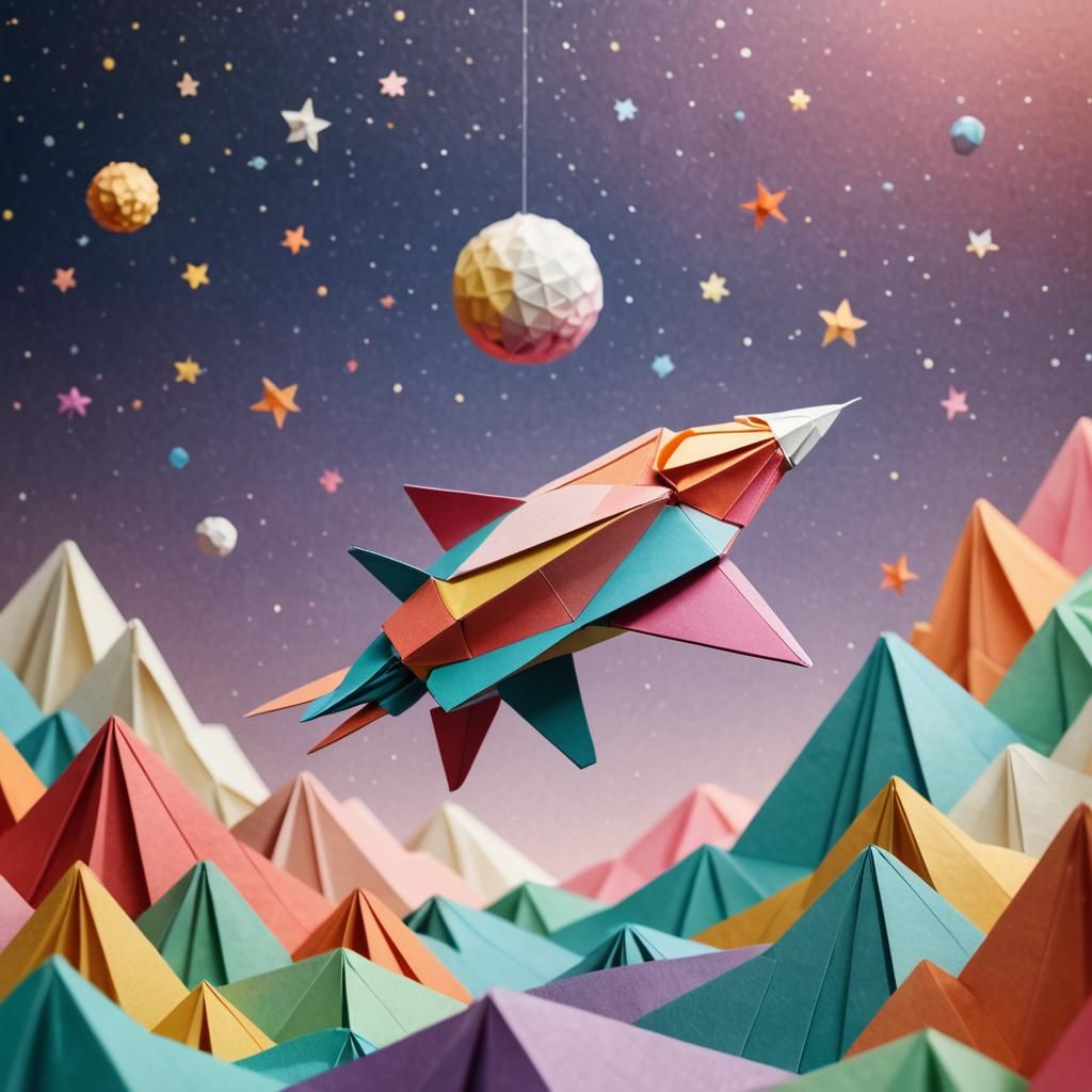 Colorful Paper Spaceship Flies to the Moon