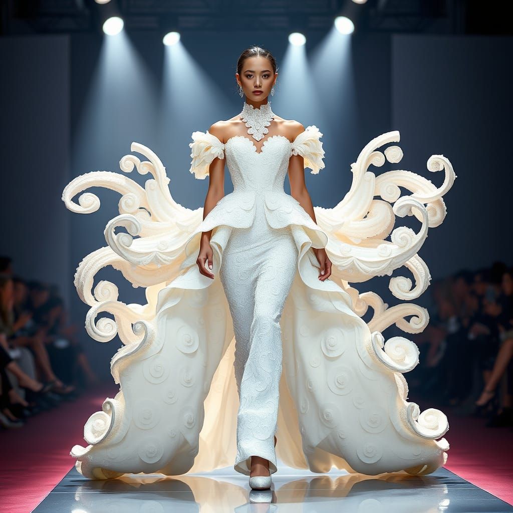 Sleek Model Struts Down High-Fashion Runway in Avant-Garde W...