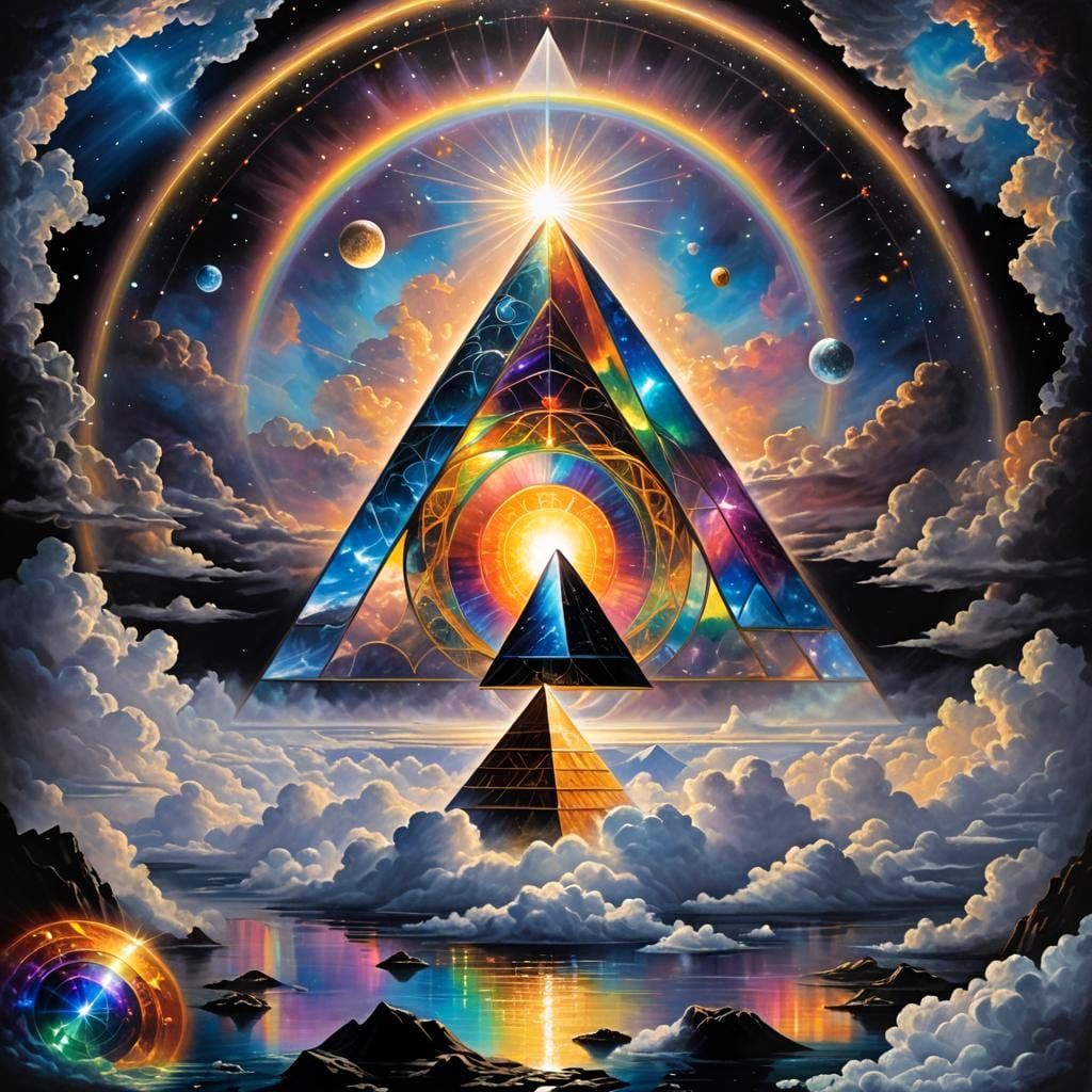 Crystal Pyramid Hedron with Silver Sun in Digital Art