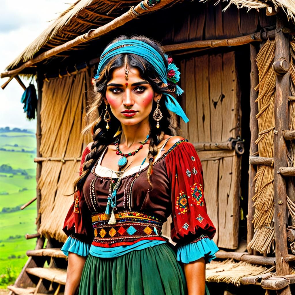Gypsy Girl Near Hut Image