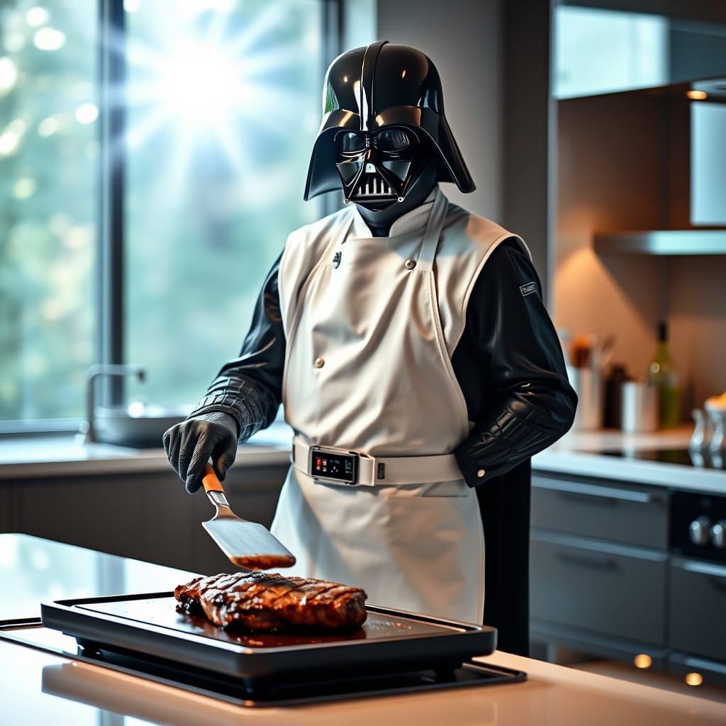 Darth Vader Sizzles Steak in Modern Kitchen