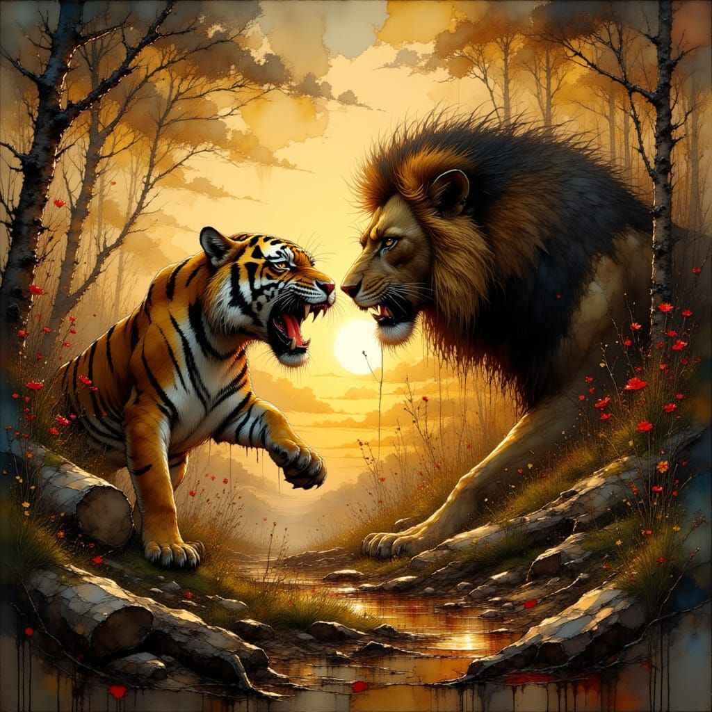 Epic Twilight Battle: Tiger vs Lion
