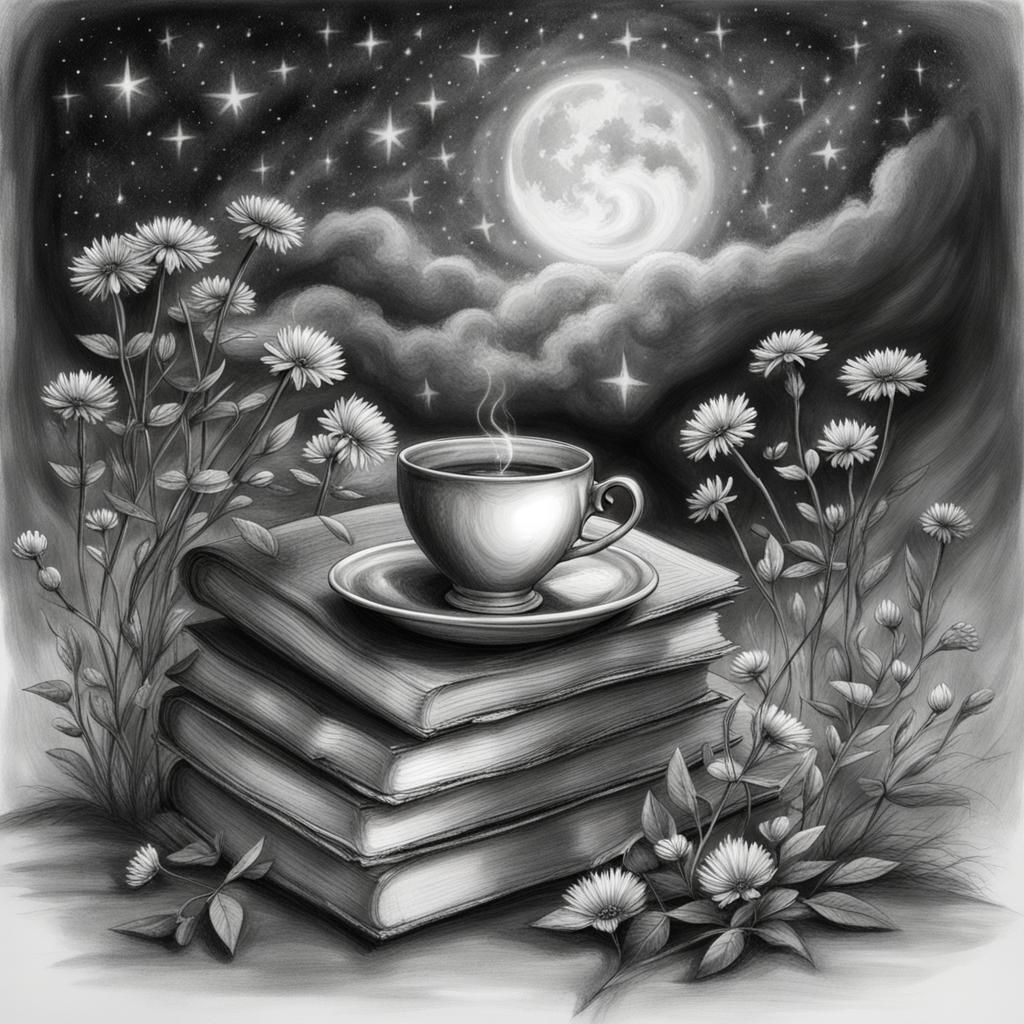 Magical Books, Tea, and Starlit Sky in Charcoal