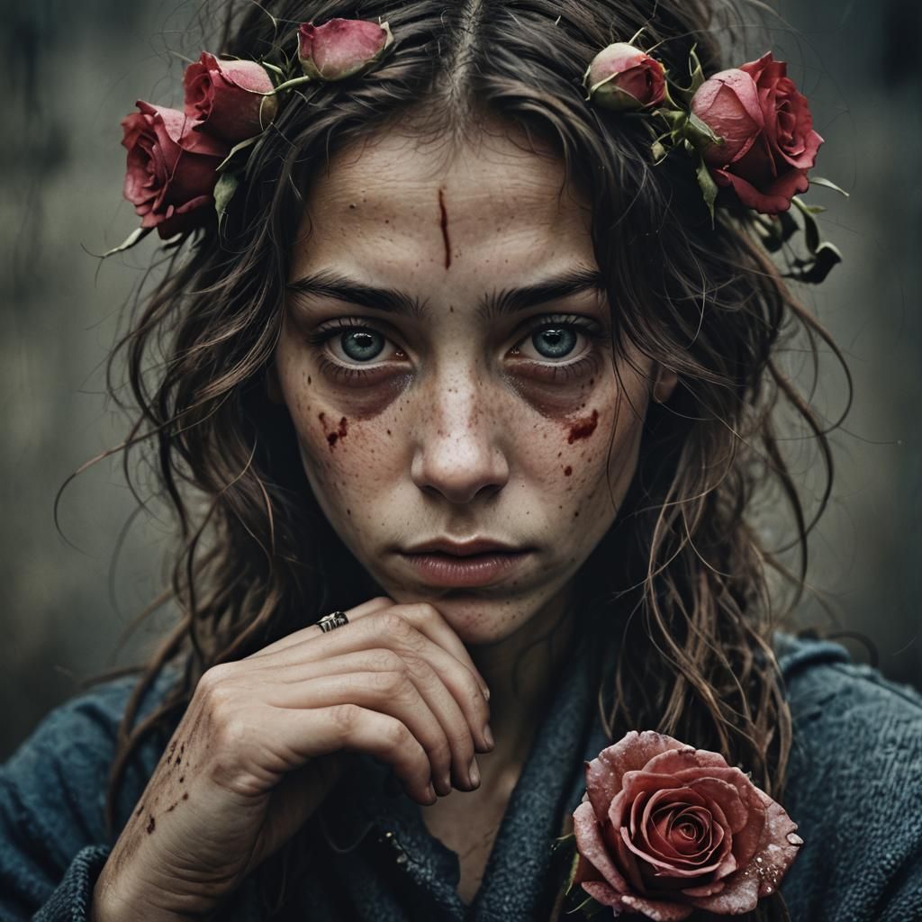 Roses and Violets Portrait in Ambient Light