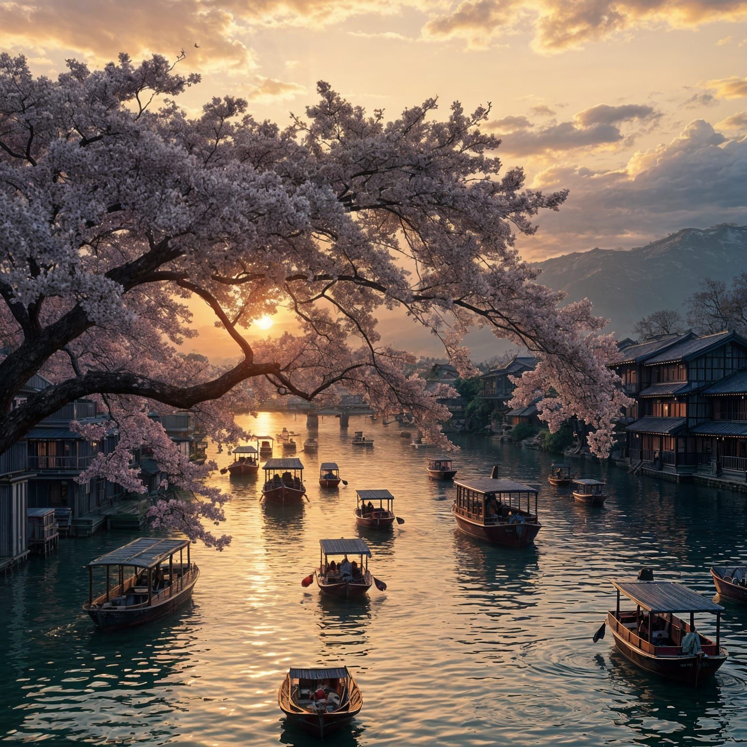 Cherry Blossom Sunset in Japan: Fantasy Concept Art