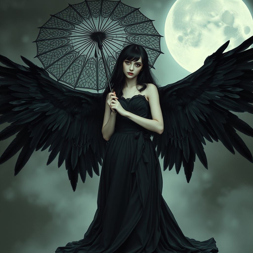 Gothic Angel with Parasol and Black Wings