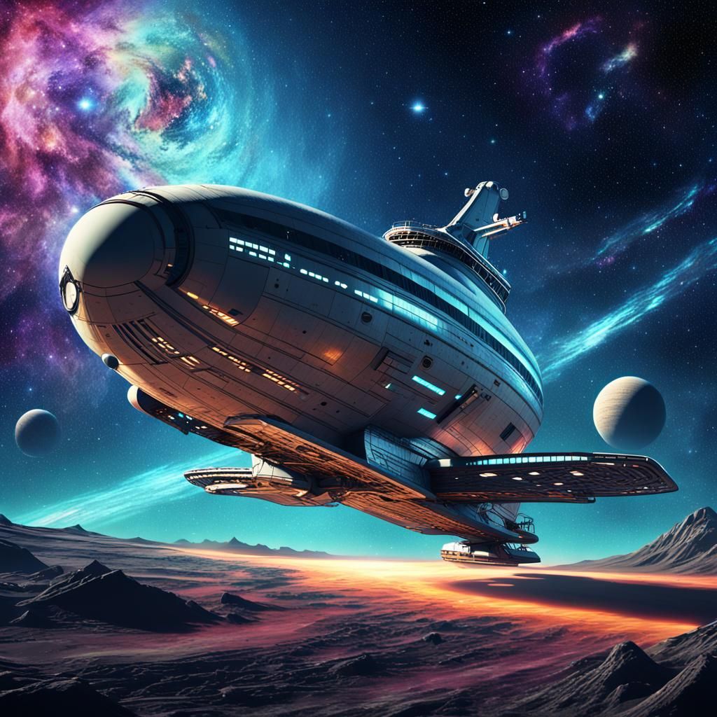 Voyager Spaceship Approaches Distant Planet in Retro-Futuris...