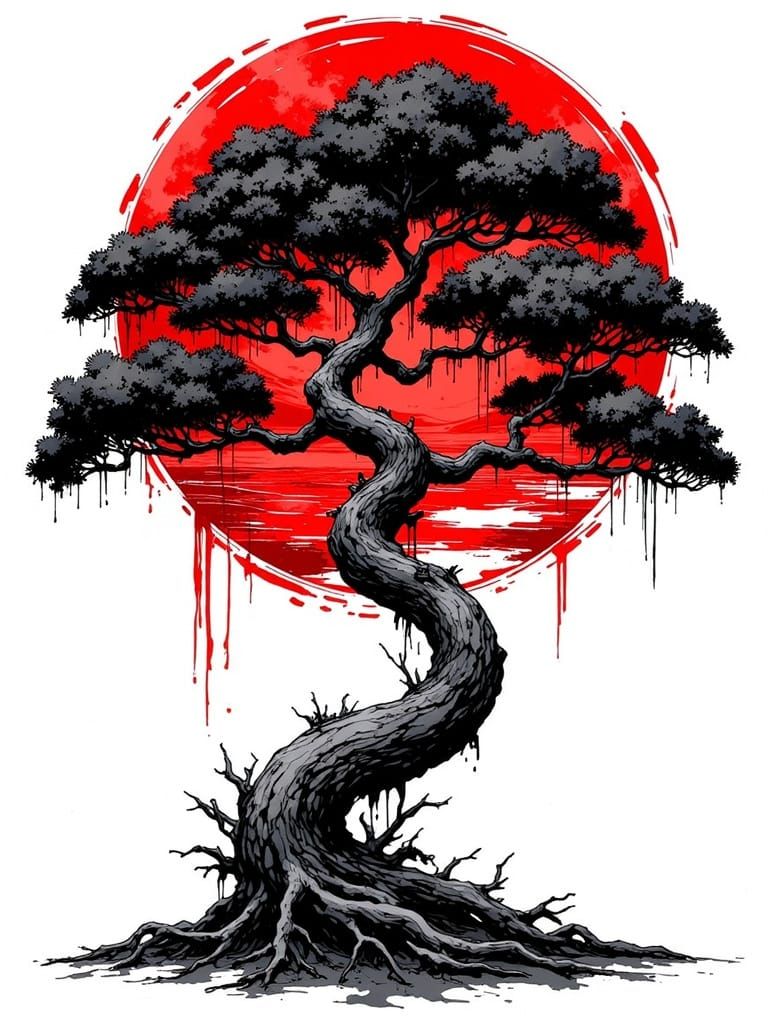 Majestic Tree in Vibrant Ink and Crimson Sun