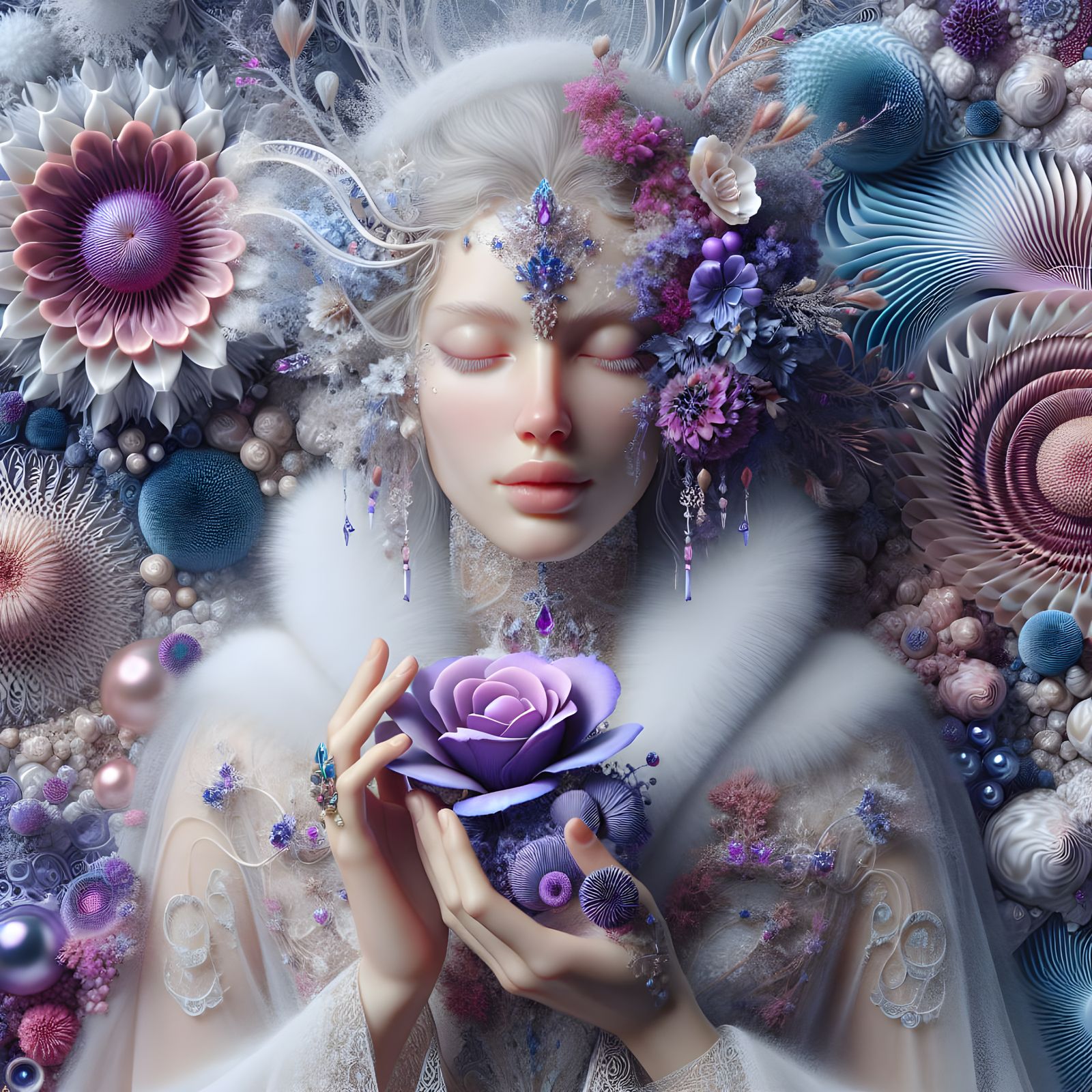 Dreamy Snow Goddess Holds Vibrant Purple Rosebud
