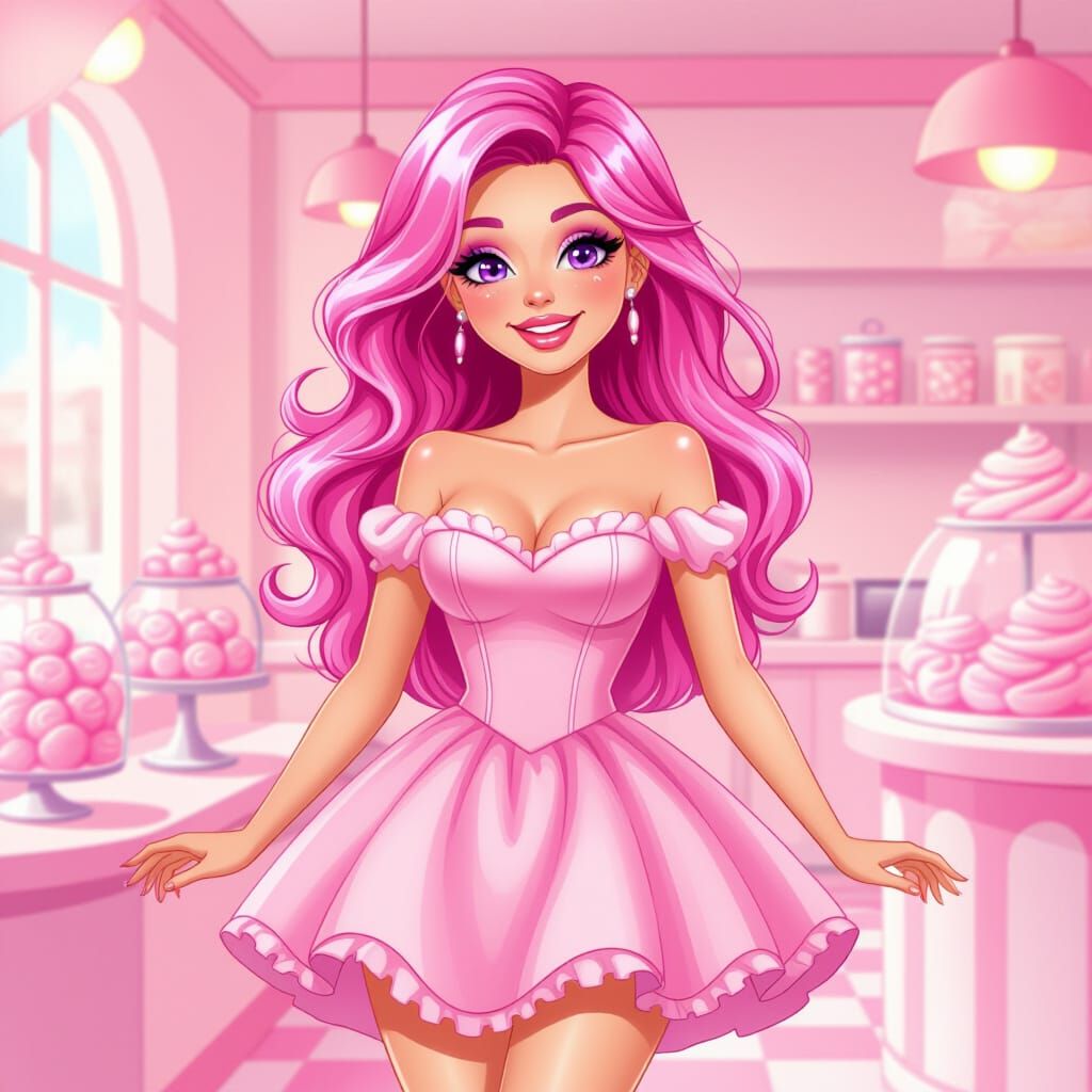 Pink Haired Woman in Candy Shop Cartoon Style