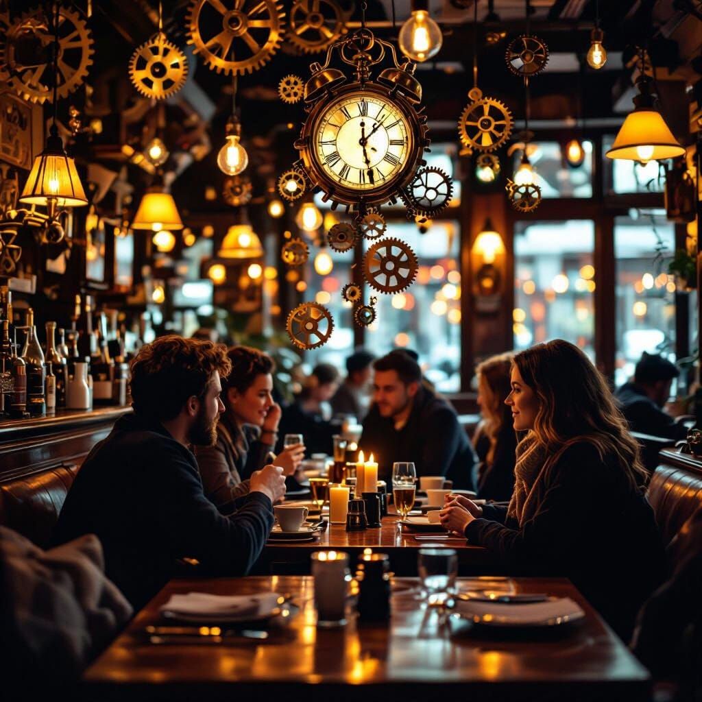 Cozy Cafe with Temporal Displacement, Dreamlike Atmosphere