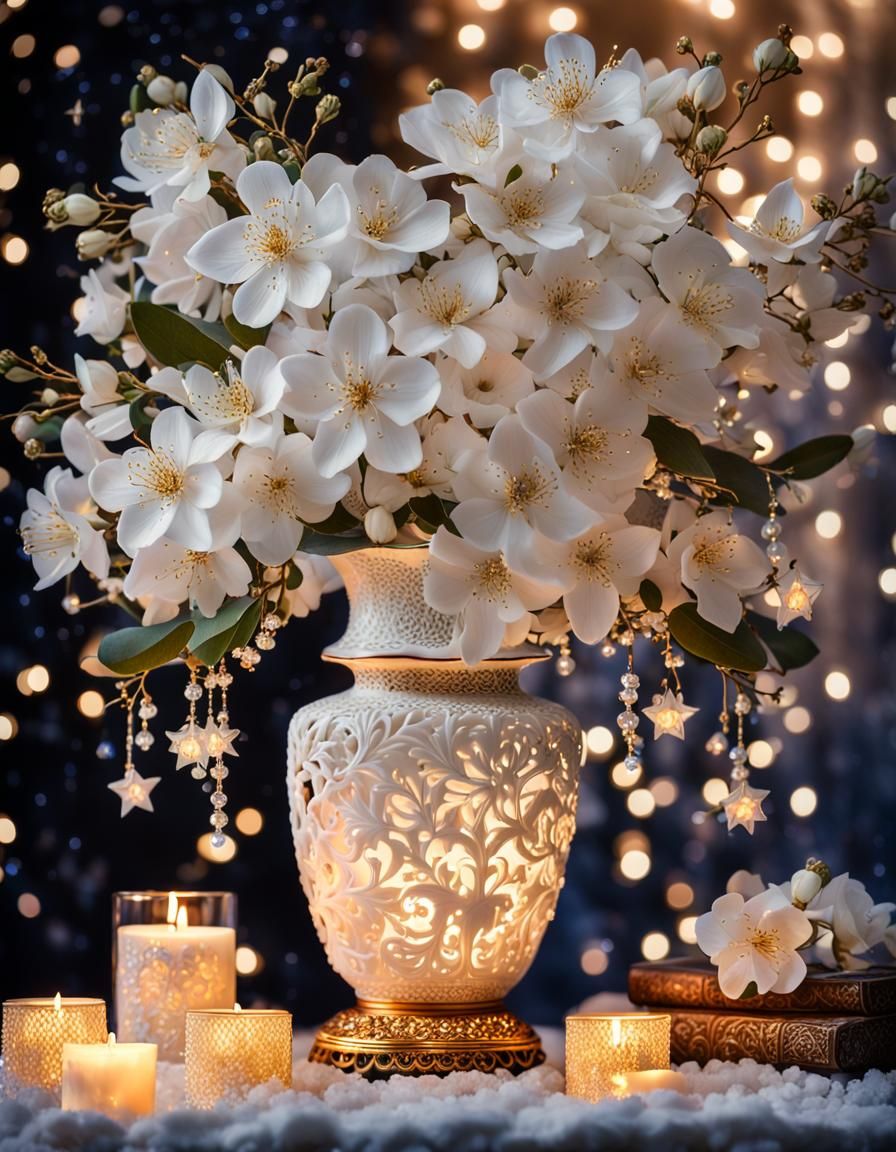 Sakura Flowers and Pearls in Gold Filigree Vase