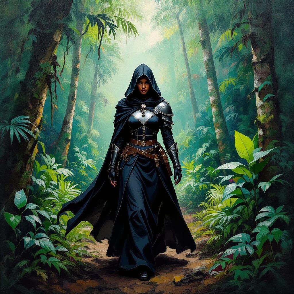 Black Templar Knight in Amazon Jungle, Expressionist Style