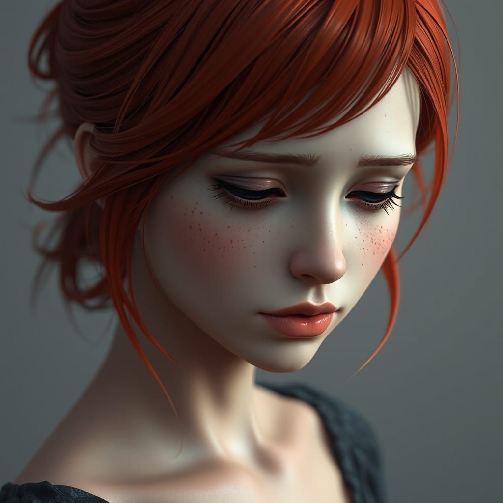 Sorrowful Young Woman in 3D Anime Style