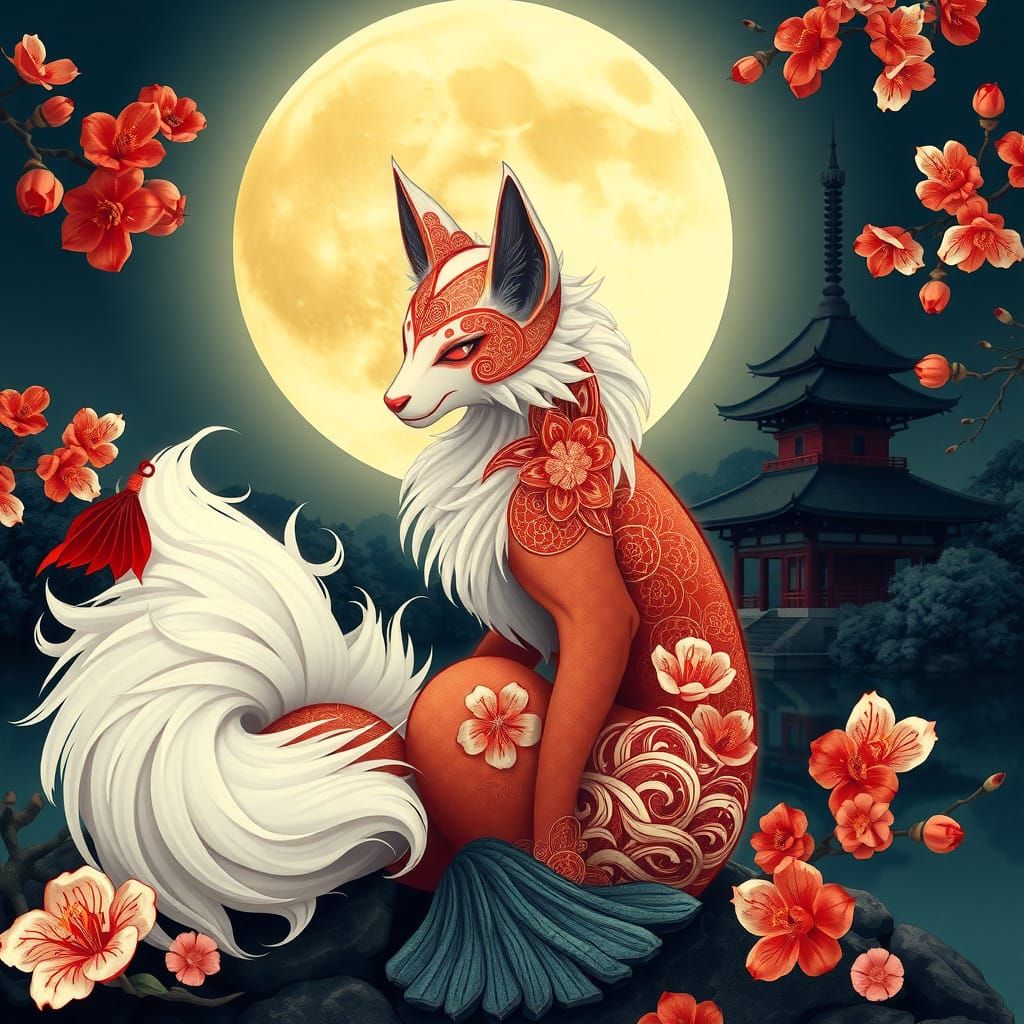 Kitsune Goddess Under Full Moon