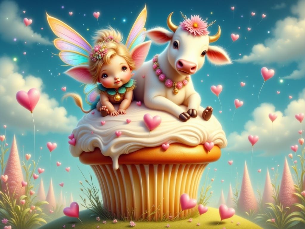 Whimsical Fairy and Smiling Cow on Cupcake