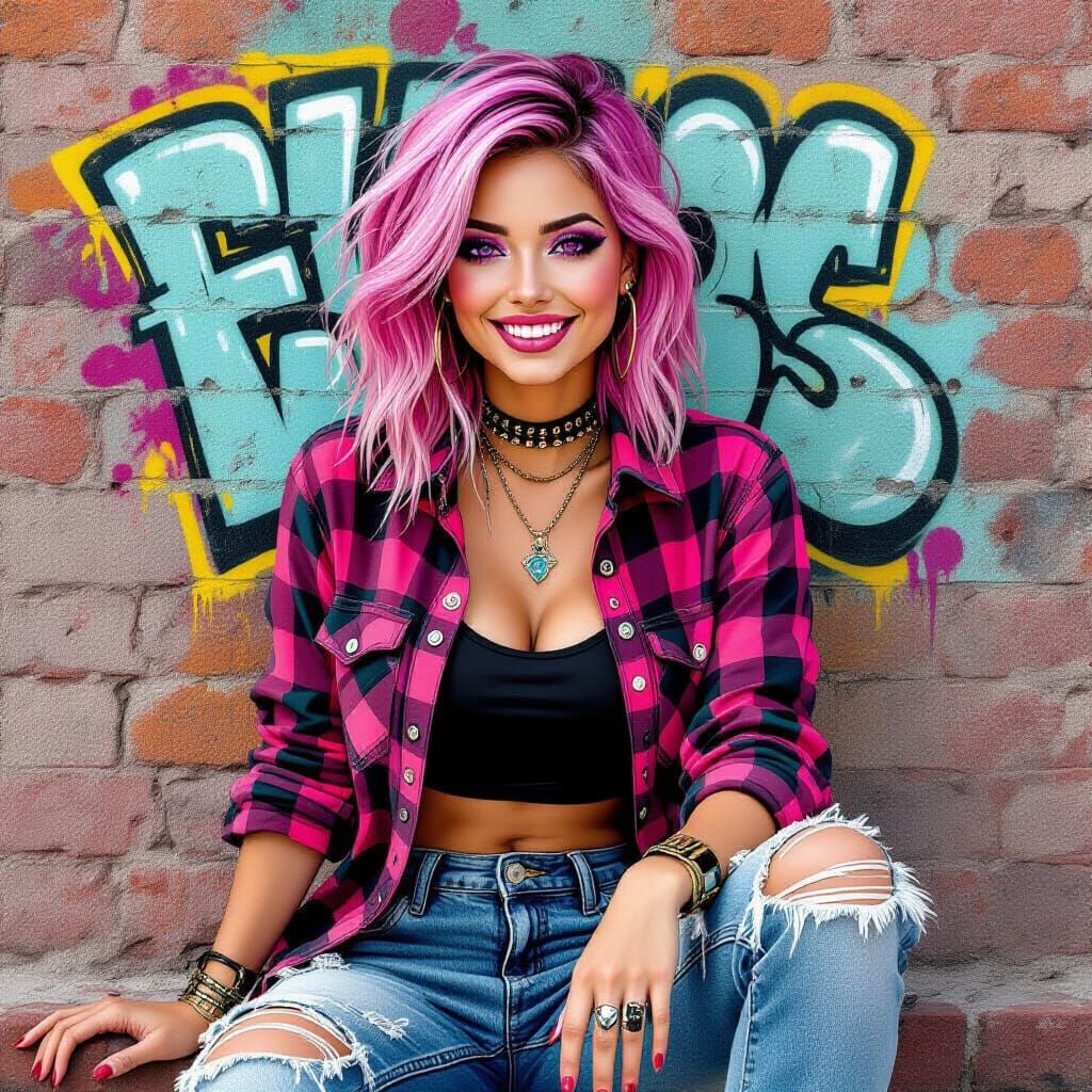 Punk Rock Woman With Violet Eyes On Brick Wall