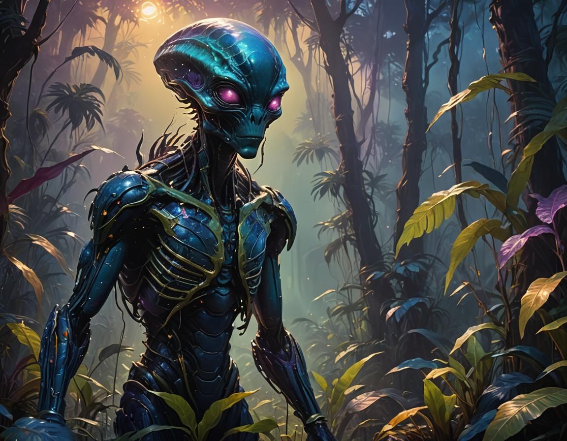 Alien in Moonlit Jungle: Impressionist Oil Painting