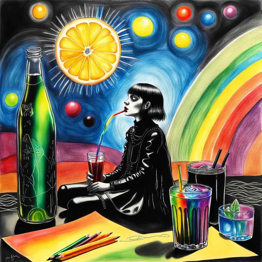 Kids Crayon drawings ,surreal child's drawing of a teenaged goth girl in black leather drinking black lemonade  rayograp...
