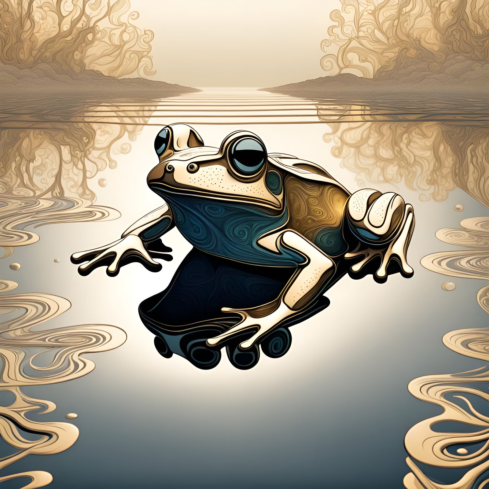 Crystal Frog on Gold Lake: Abstract Fractal Art