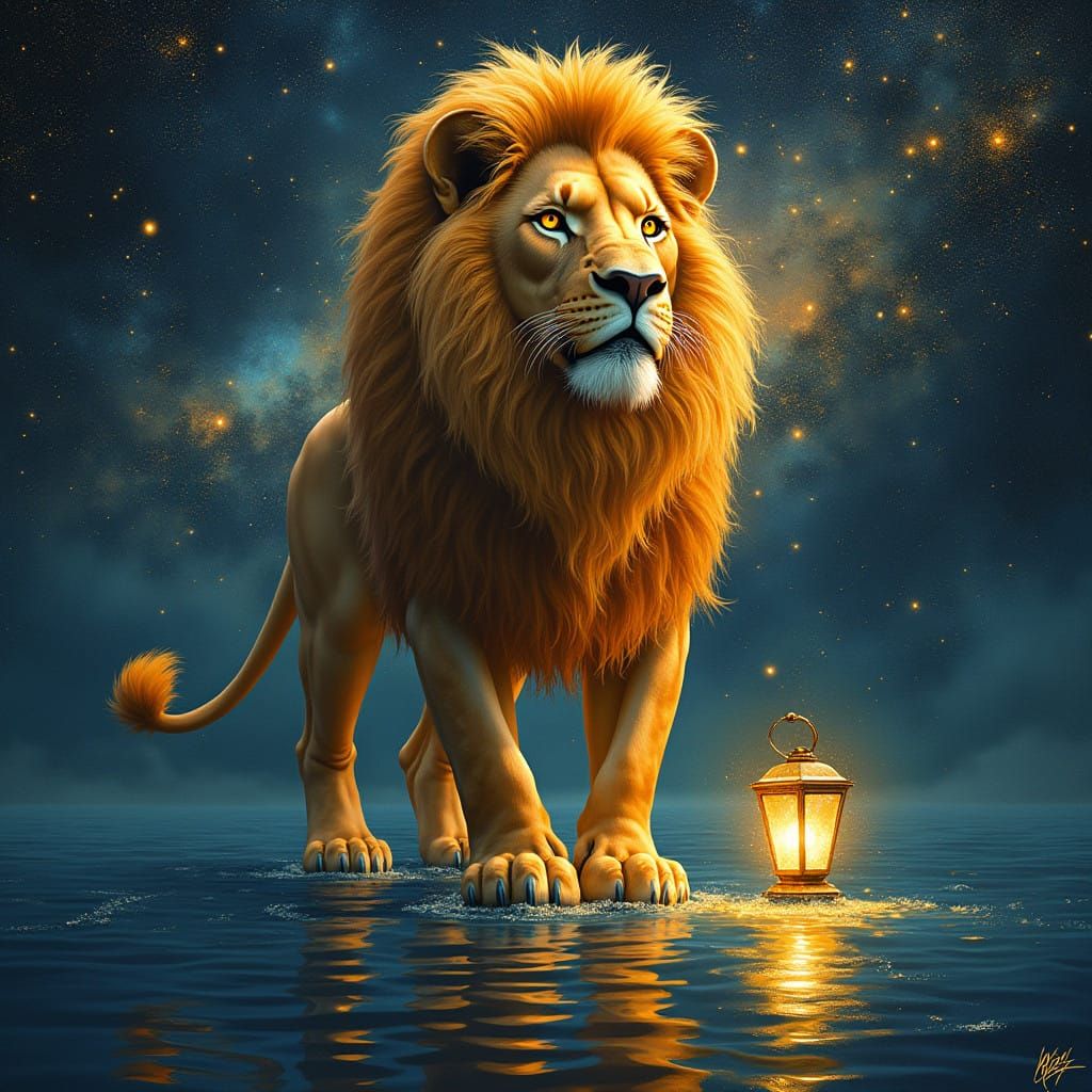 Lion in Cosmic Splendor with Radiant Mane and Glowing Eyes