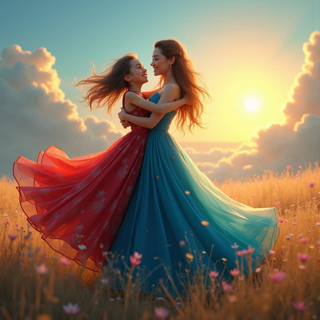 Mother and Child Embrace in Fantasy Art Style