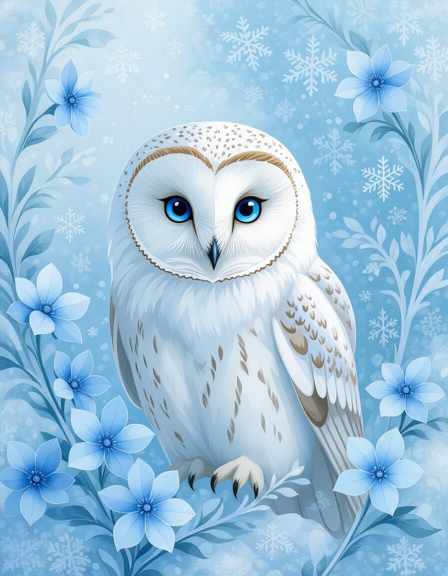 Whimsical Watercolor Owl Amidst Snowflakes