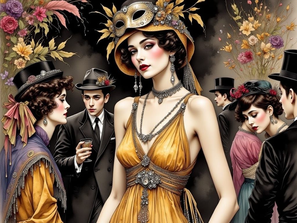 Elegant Flapper Dances through Mystery in a Vivid, Ink-Drawn...