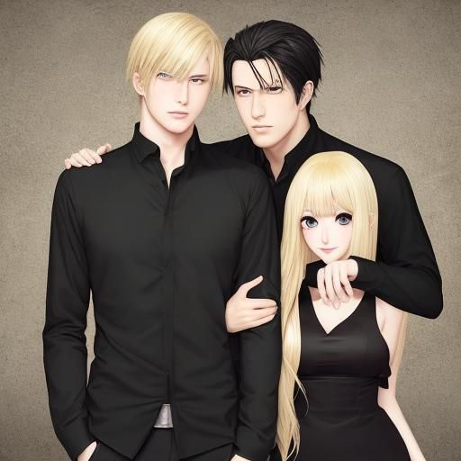 Anime Style Image of Two Men Embracing a Girl