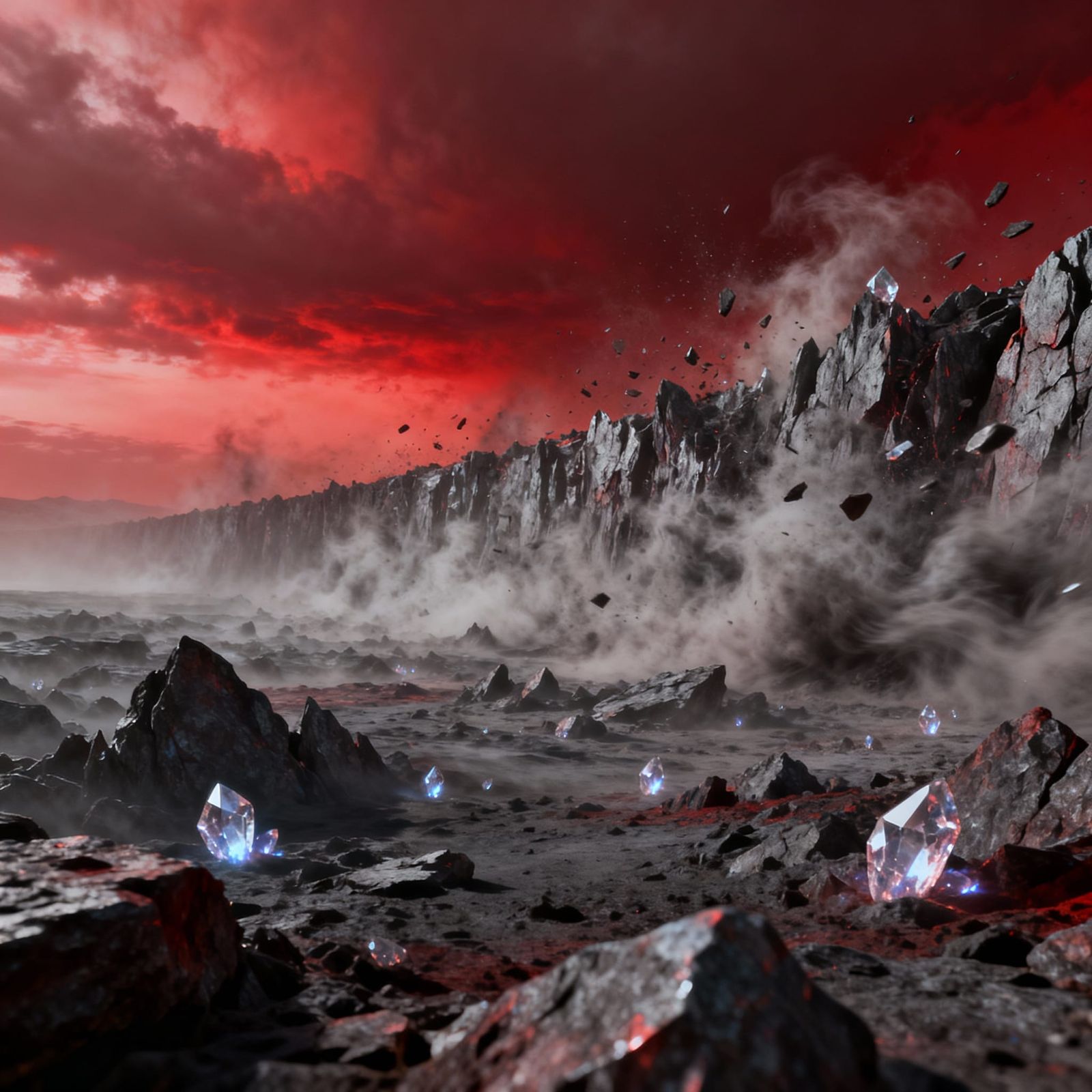 Alien Rock Plains with Dust Storm and Glowing Crystals