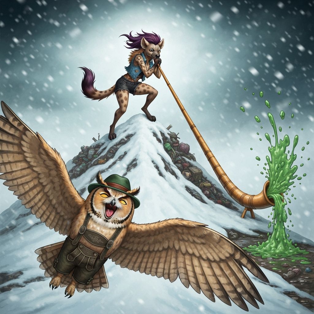 Great Horned Owl in Lederhosen Flying Over Filth Mountain