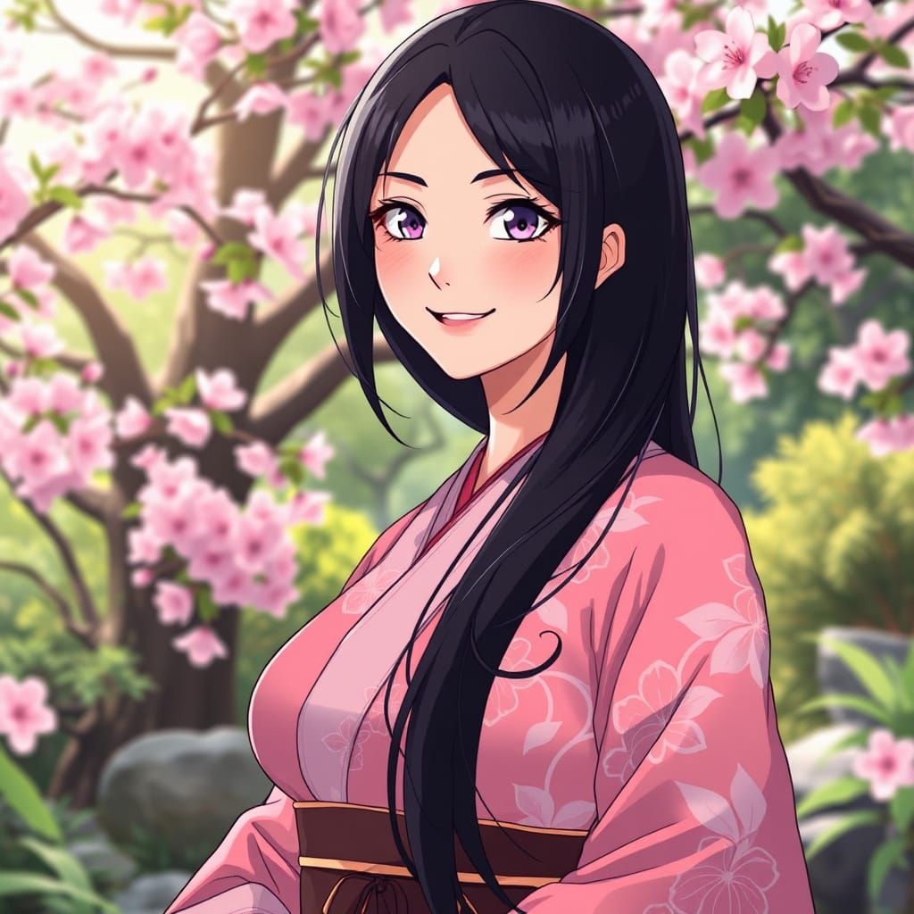 Black-Haired Beauty in Manga-Style Japanese Garden