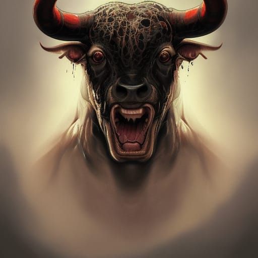 Demonic Bull Portrait in Hyperdetailed Art Style