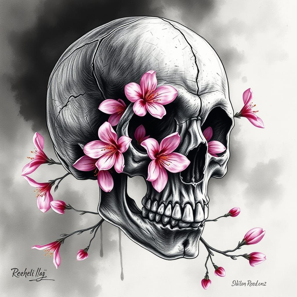 Elegant Skull with Cherry Blossoms in Charcoal Drawing