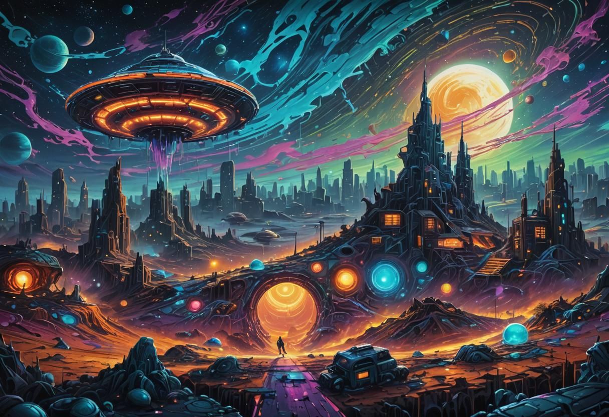 UFO Landing on Alien Planet in Street Art Style