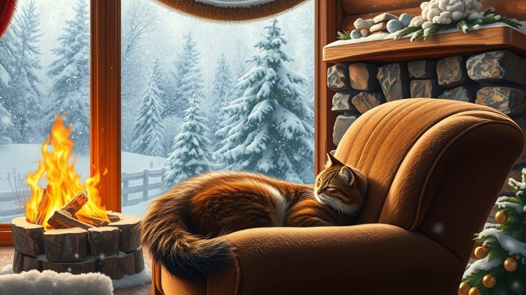 Cozy Cat Sheltered from Winter Blizzard