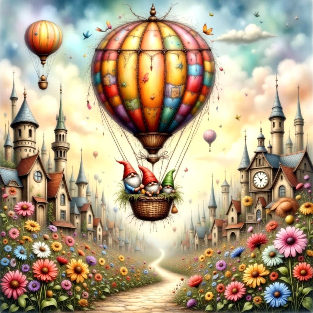 Patchwork Hot Air Balloon Over Miniature City in Golden Ligh...