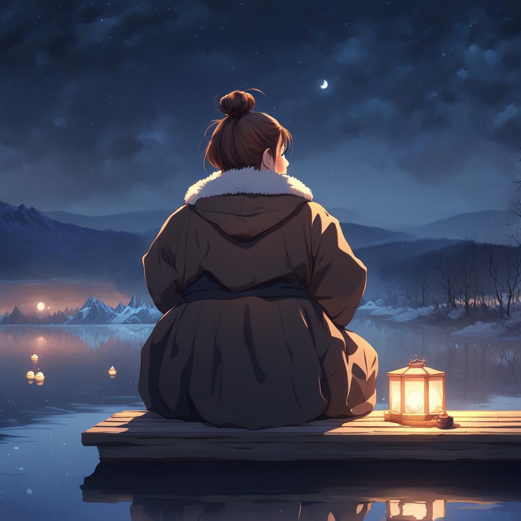 Plus Size Woman Gazing at Winter Sky: Anime Art