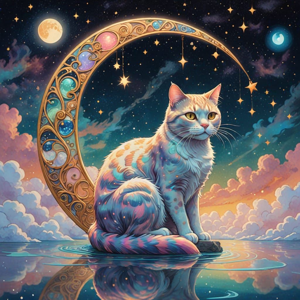 Whimsical Celestial Cat in Art Nouveau Style