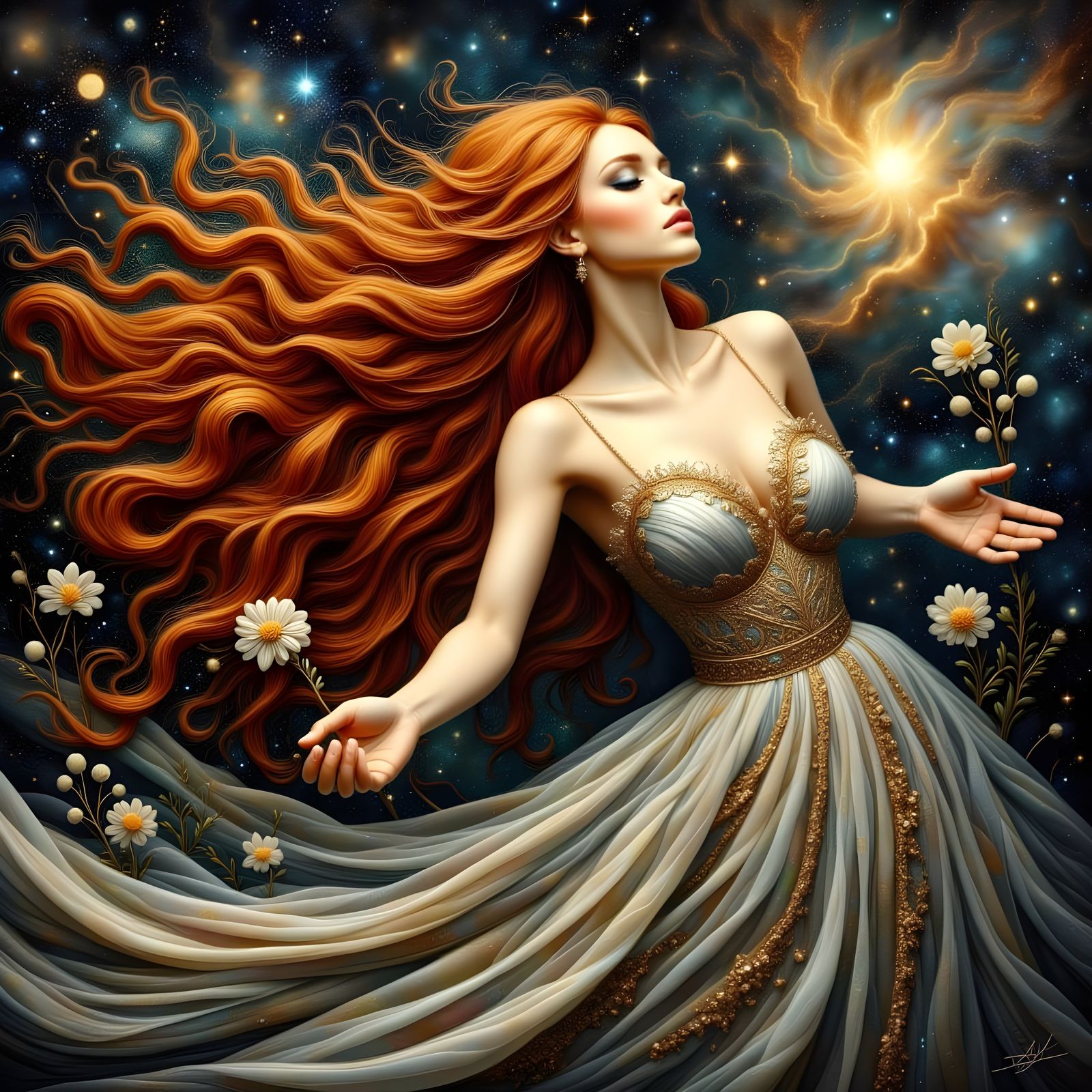Celestial Goddess with Red Hair in Space