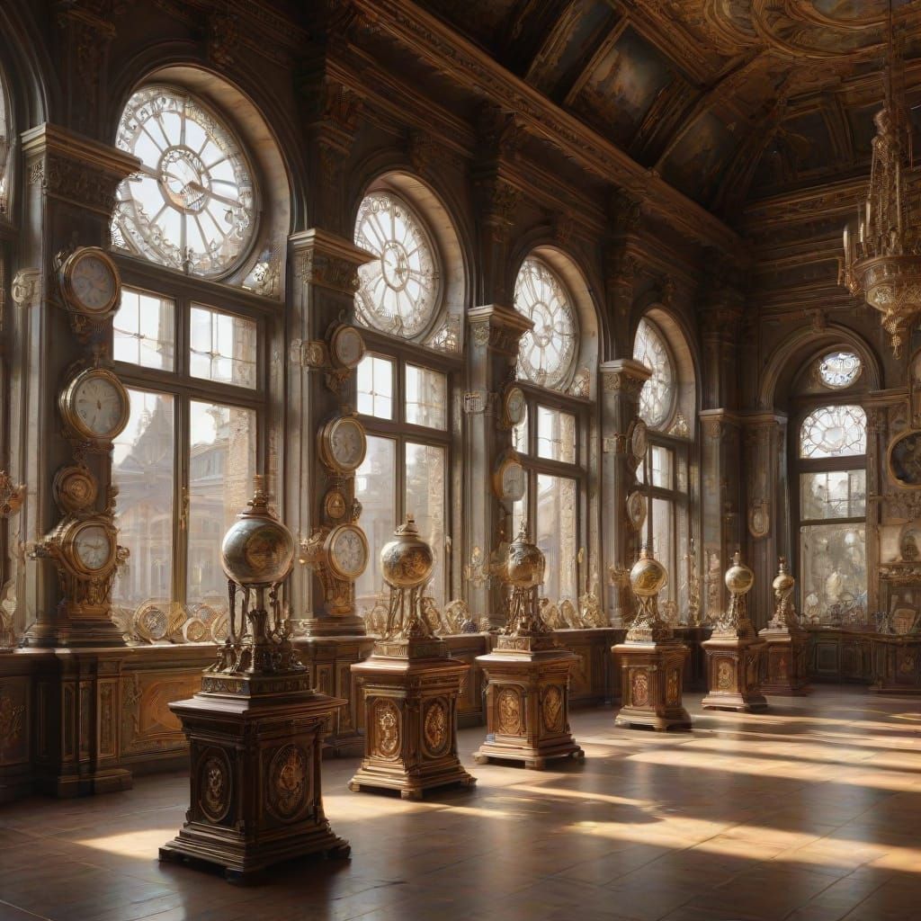 Ornate Palace Emporium of Timepieces: Detailed Digital Paint...