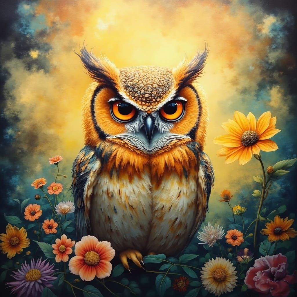 Golden Owl Amidst Vibrant Flowers in Enchanted Fog