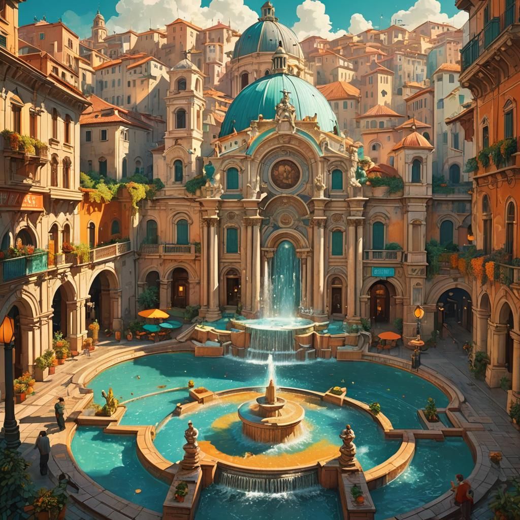 Retro Italian Cityscape Travel Poster in Art Nouveau Style