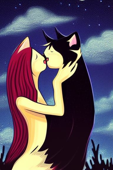 Cat-Girl and Cat-Boy Kiss Under Starry Sky