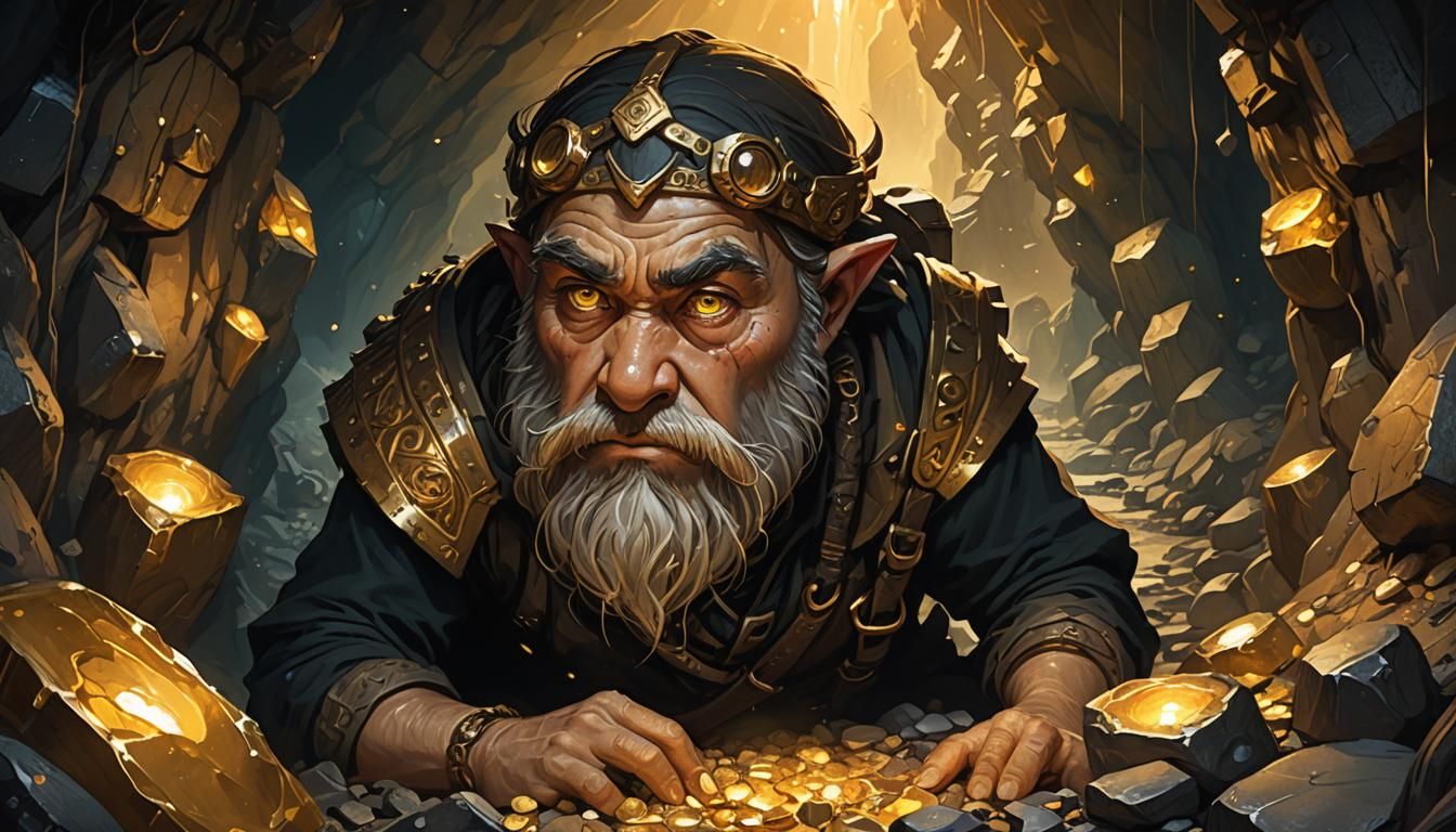 Dwarven Miner Enthralled by Gold Vein, Art Nouveau Style