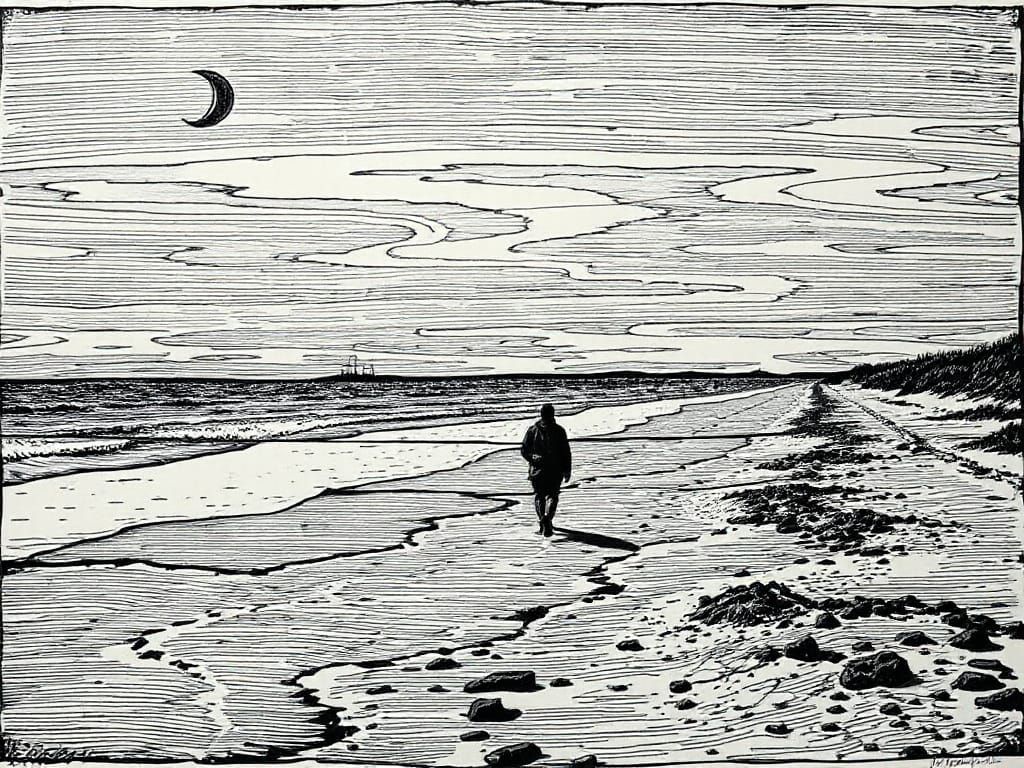Mysterious Figure Walks the Wadden Sea Coast in a Distressed...