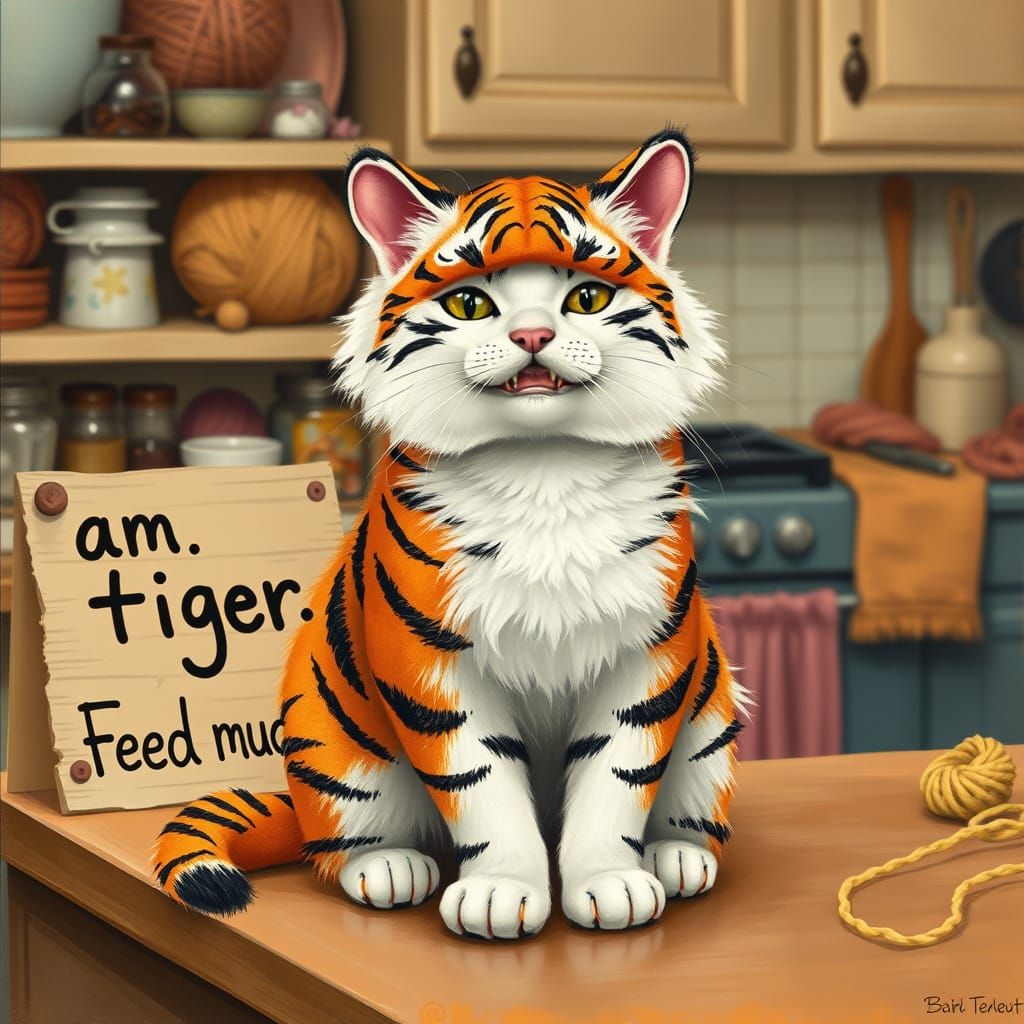 Fluffy Cat in Handmade Tiger Costume on Kitchen Counter