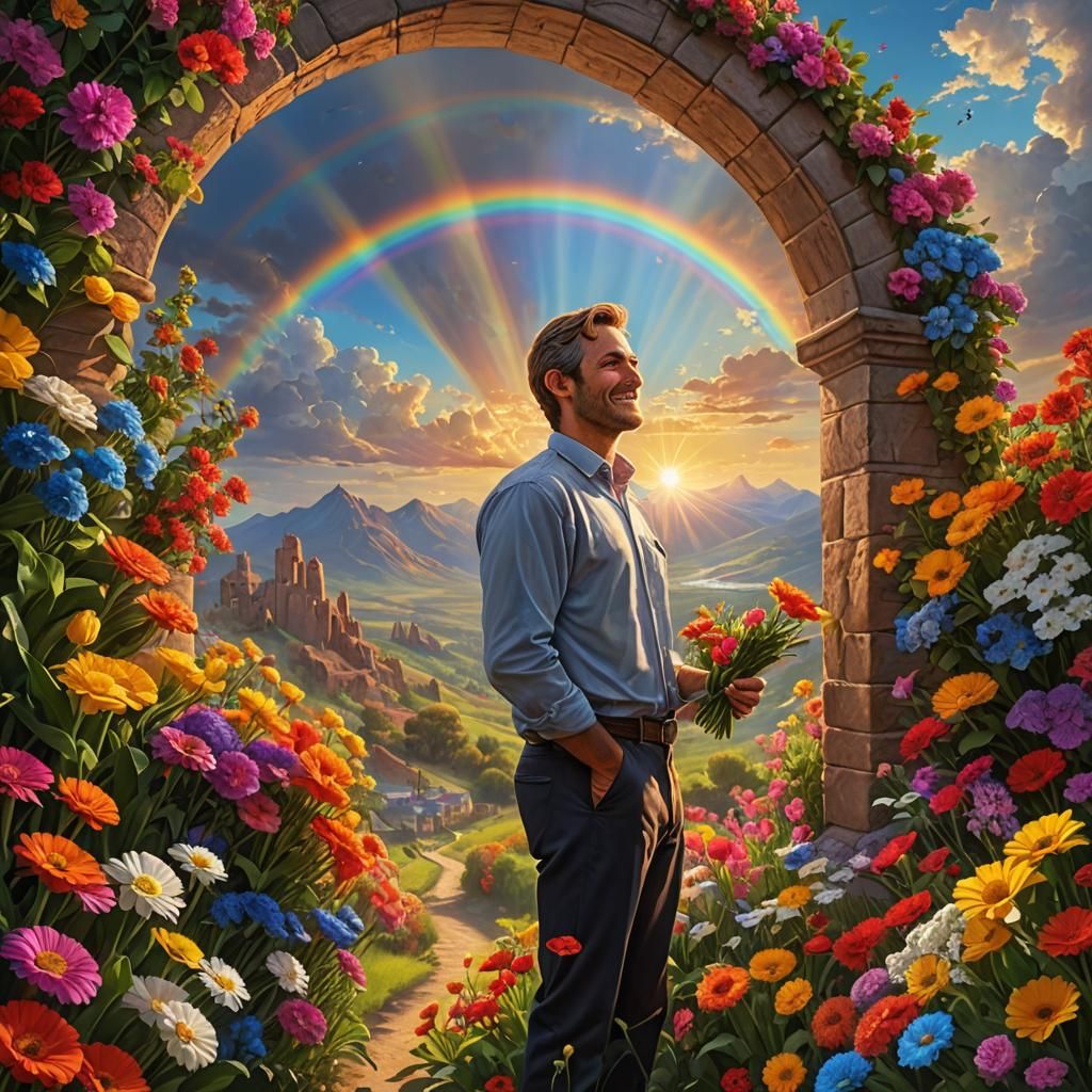 Sunrise Scene with Rainbow and Flowers in UHD