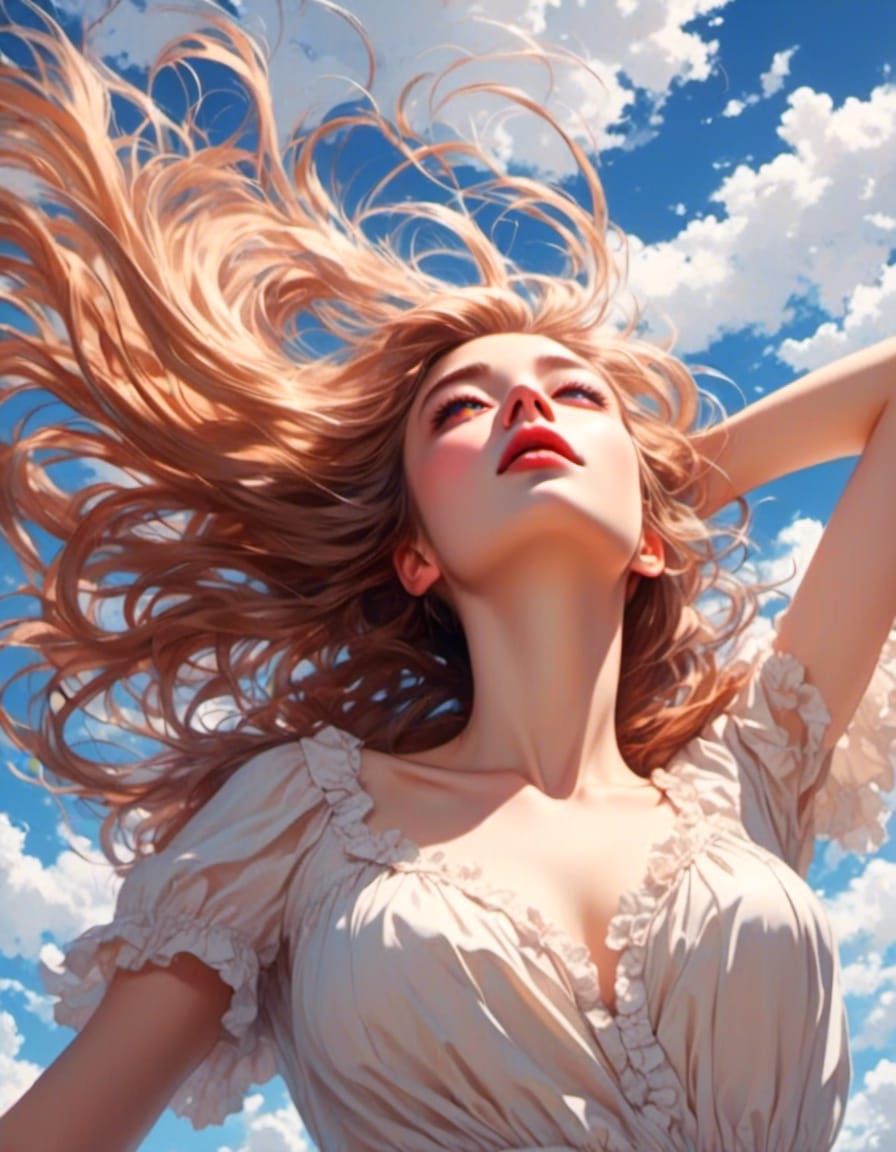 Anime Woman in Sky, Photorealistic Illustration