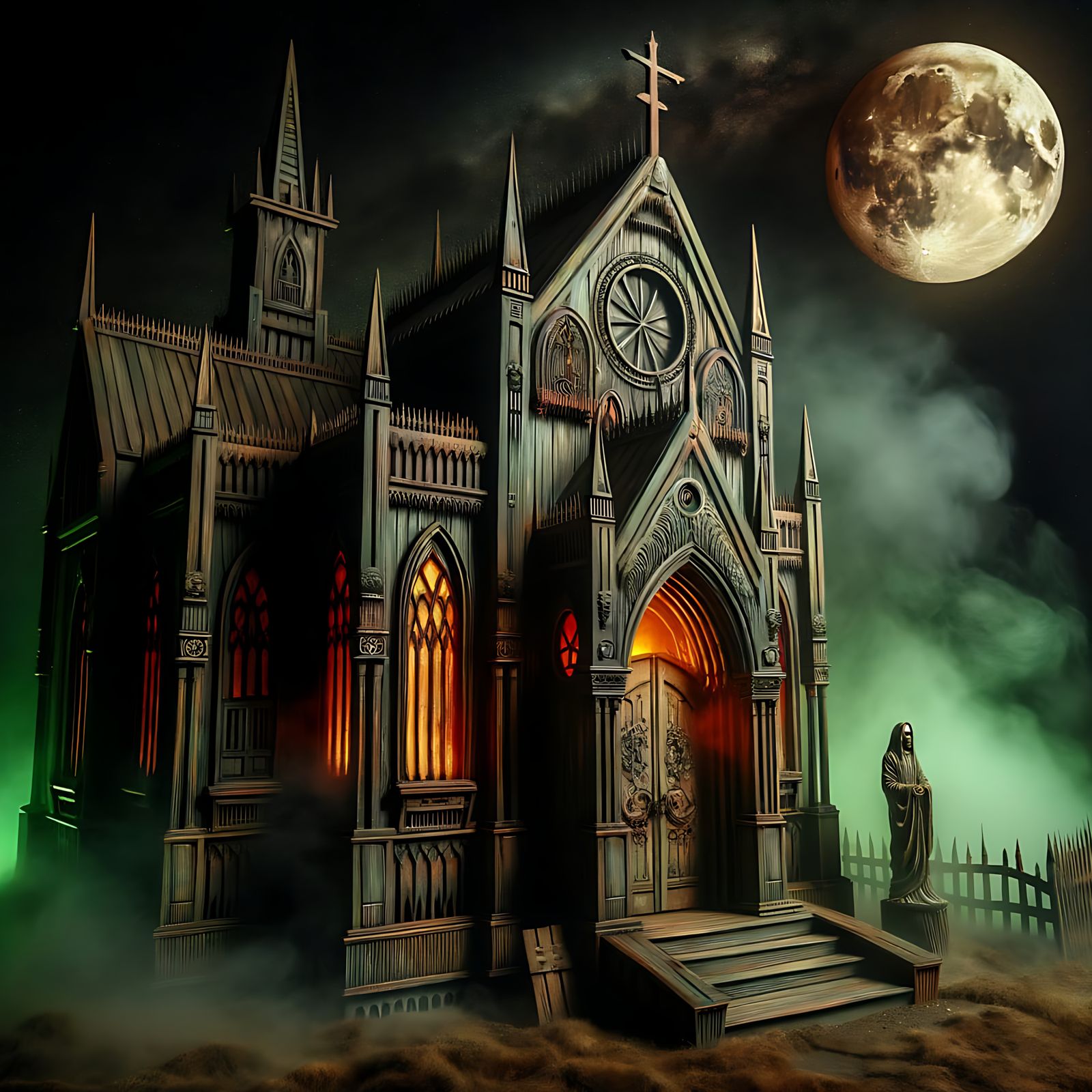 A sinister haunted house designed like a grotesque mockery of a castle and a church.